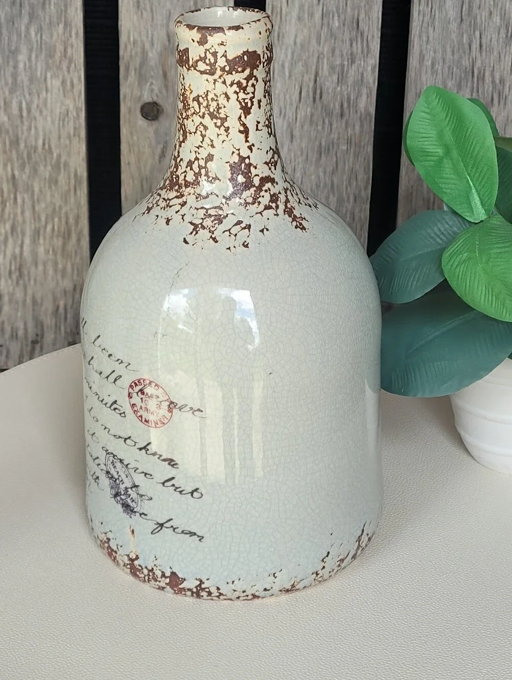 Deco 79 Vintage Script Ceramic Bottle Vase in Cream and Brown